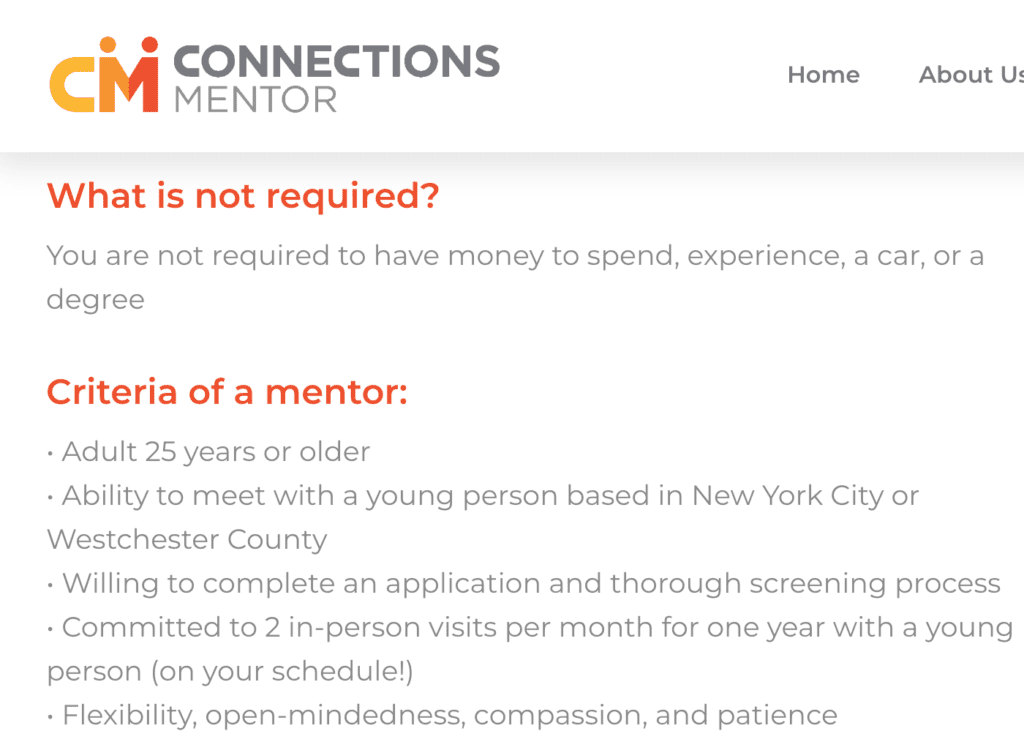 image from Connections Mentor website explaining criteria for mentors