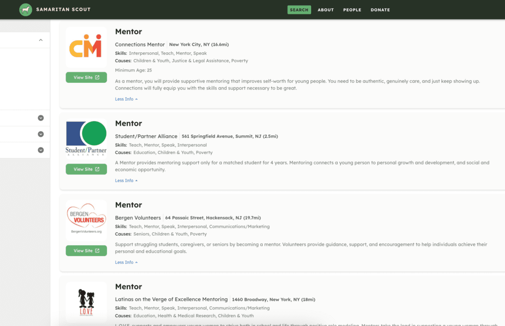 Screenshot from Samaritan Scout showing many volunteer opportunities to mentor in New York and New Jersey