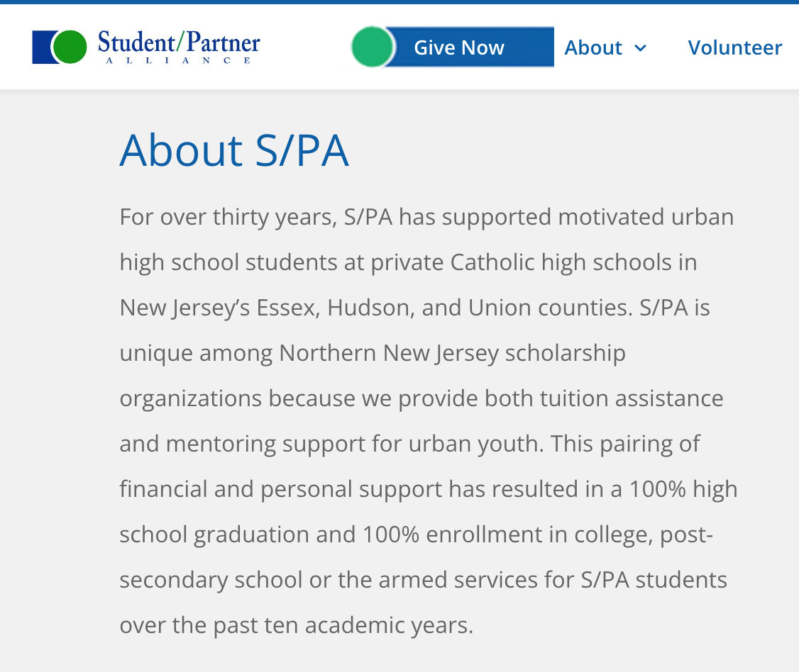 Mentors in the Student/Partner Alliance meet with urban Catholic high school students in New Jersey's Essex, Hudson, and Union counties