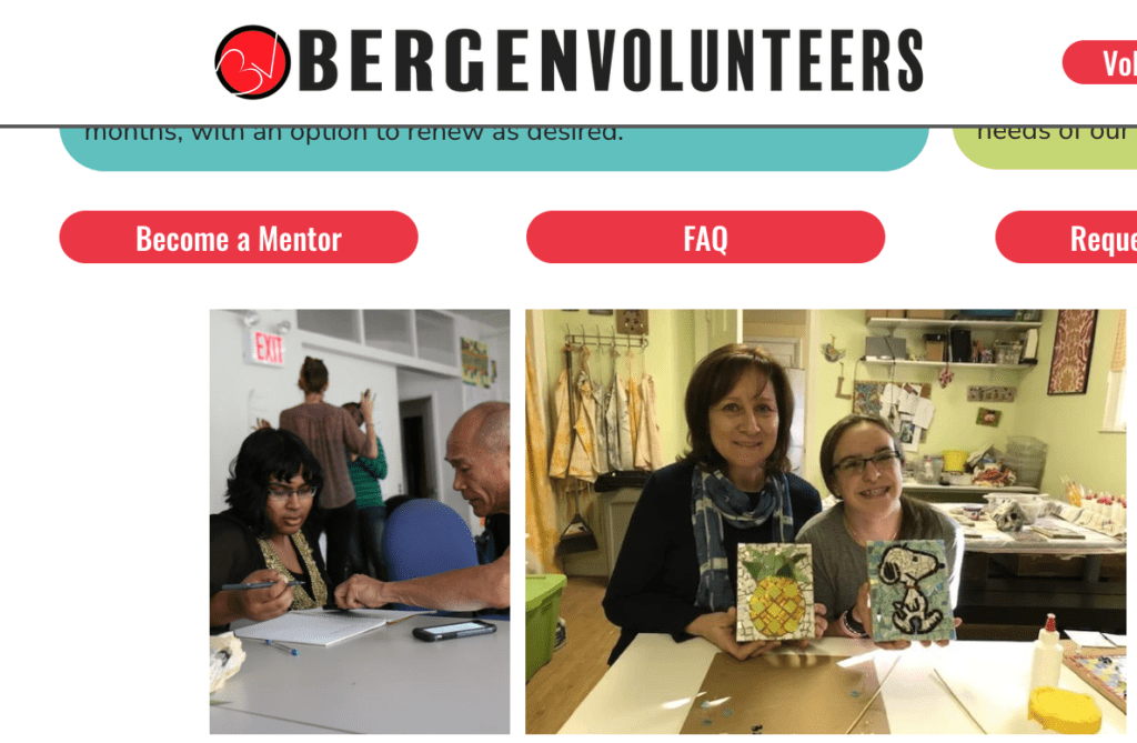 image of Bergen Volunteers website highlighting mentor program for youth and seniors