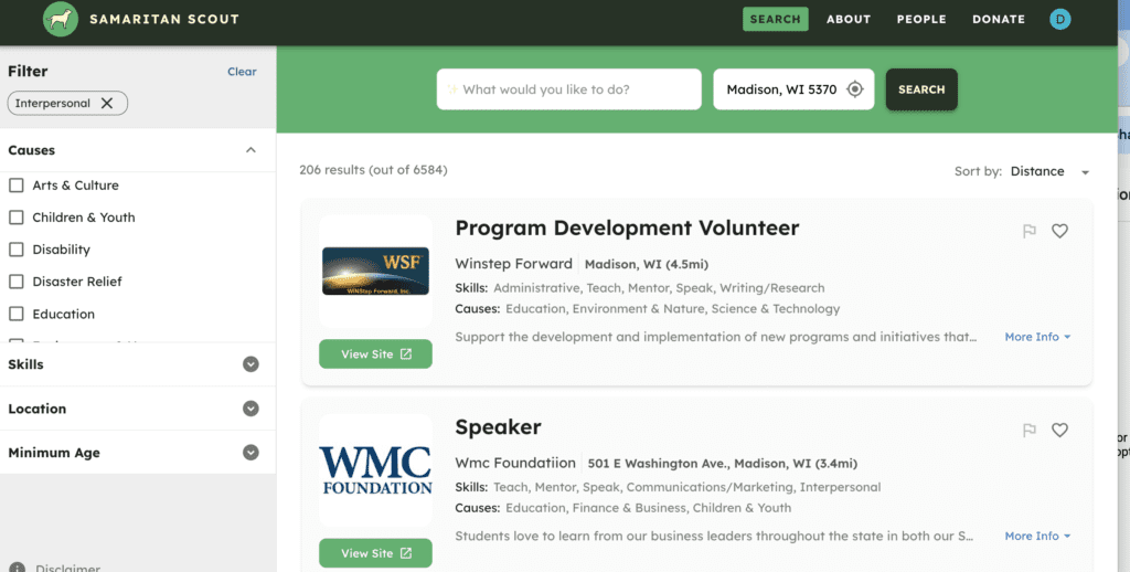 Volunteer opportunities listed on Samaritan Scout for Madison, Wisconsin