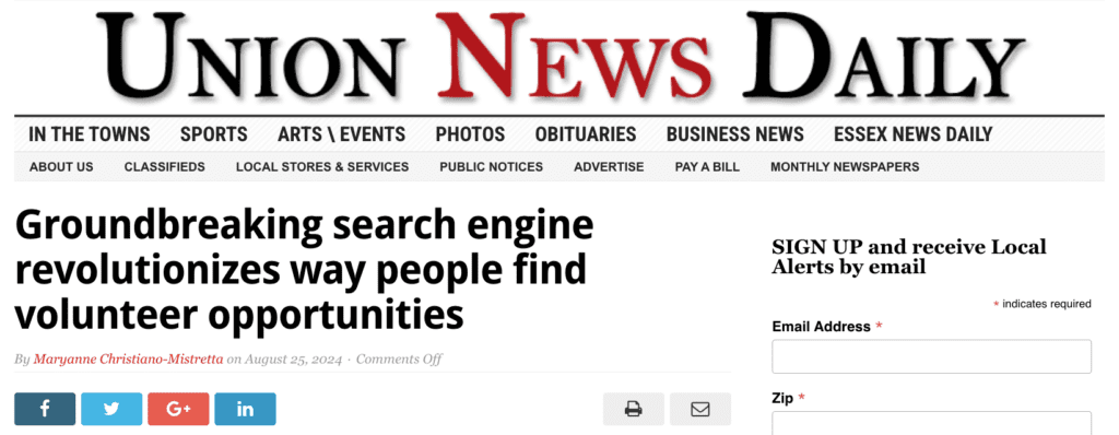 Union County New Jersey news about groundbreaking search engine that revolutionizes way people find volunteer opportunities