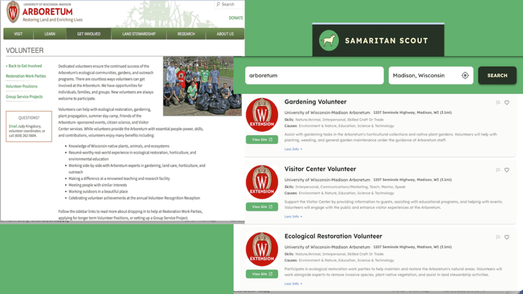 view of nonprofit website and samaritan scout results side by side to see how AI translates a page to listings