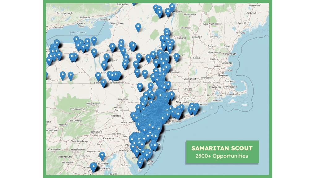 map of New York and New Jersey showing thousands of volunteer opportunities