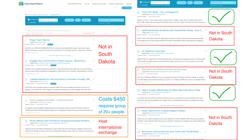 Screenshot showing only 2 relevant search results for Volunteer Match